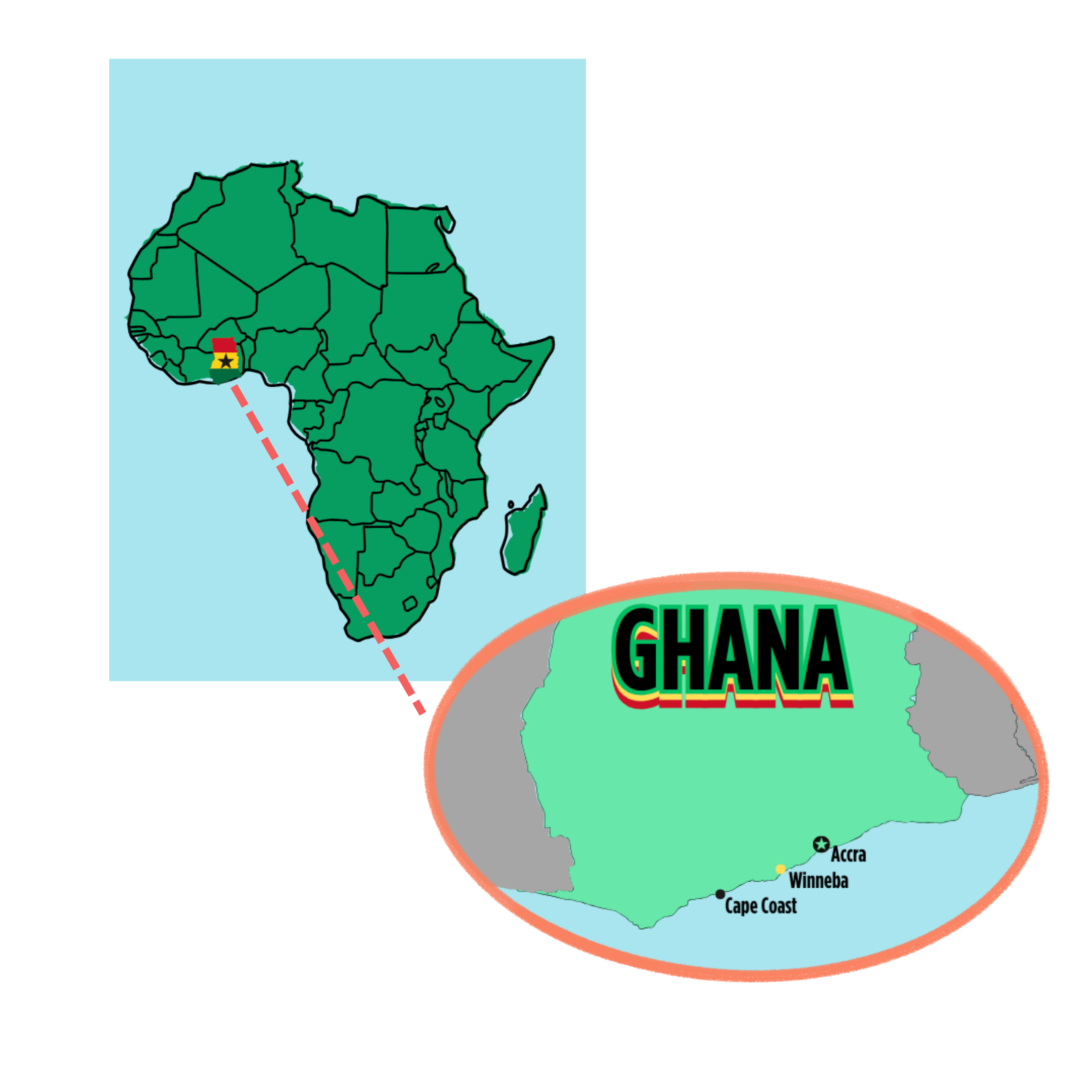 Map of Africa showing a highlighted section of Ghana with the capital Accra and other cities like Winneba, Cape Coast marked.