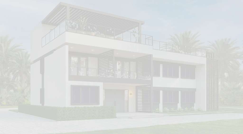 Modern three-story white building with balconies, large windows, and surrounded by lush greenery and palm trees.