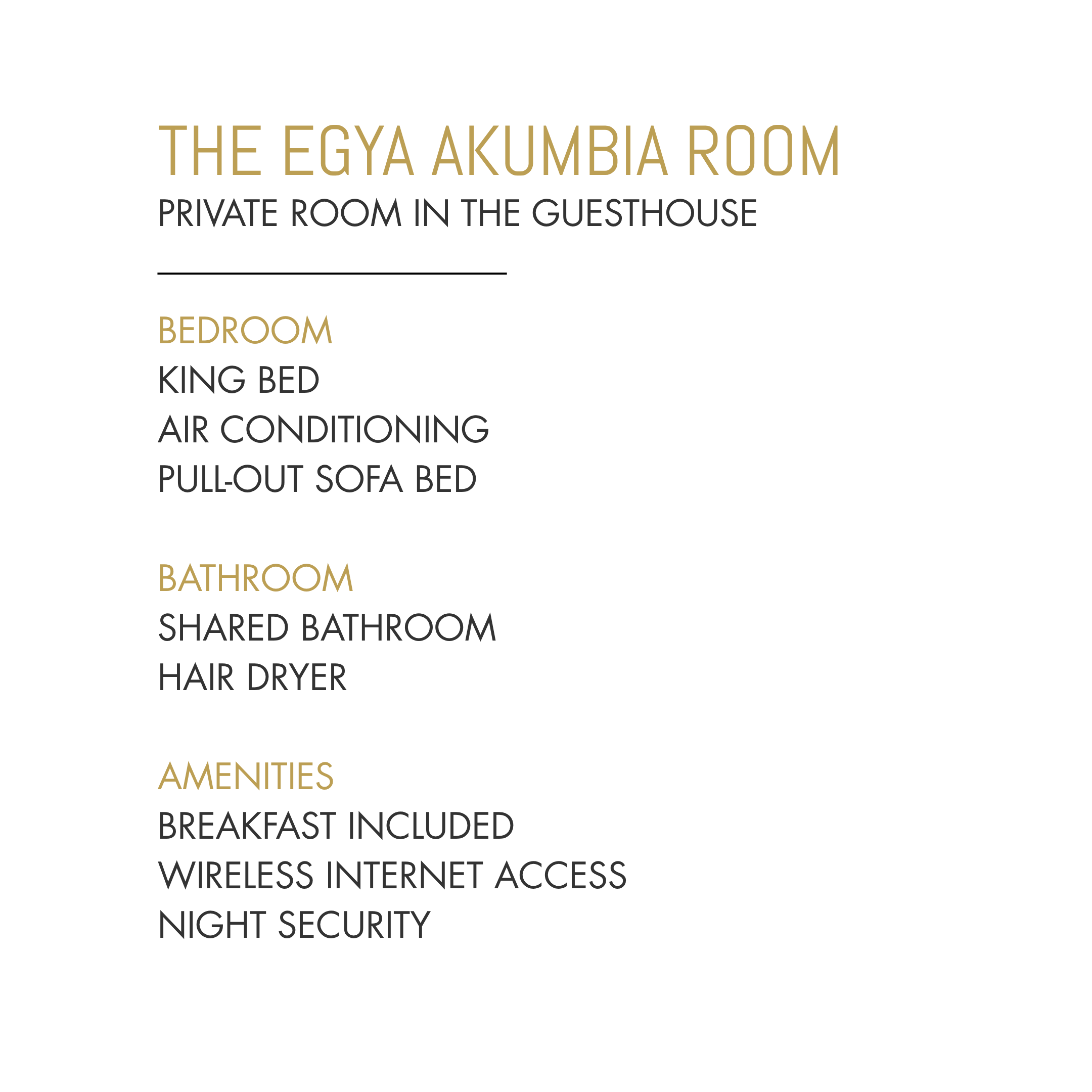Sign for The Egya Akumba Room, a private guesthouse room, listing amenities like bedroom with king bed, air conditioning, pull-out sofa bed, bathroom, shared bathroom, hair dryer, amenities, breakfast included, wireless internet, night security.
