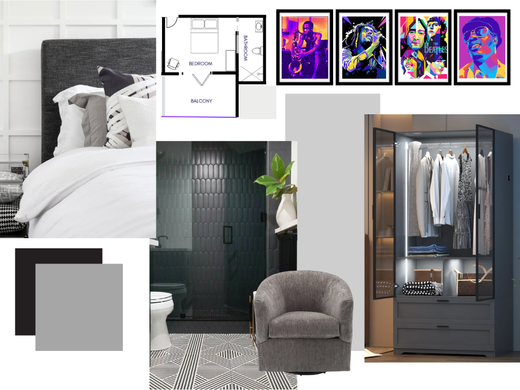 A bedroom with a bed, tufted headboard, black and white pillows, and a nightstand; a bathroom with black tiled walls, a toilet, and a potted plant; a gray armchair and a walk-in closet with clothes on hangers and shelves; framed pop art posters of mu