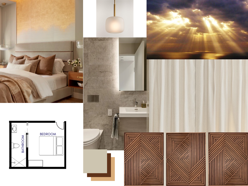 The collage features a bedroom with a beige bed, a bathroom with a sink and mirror, a sunset with sun rays breaking through clouds, and wooden decorative panels.