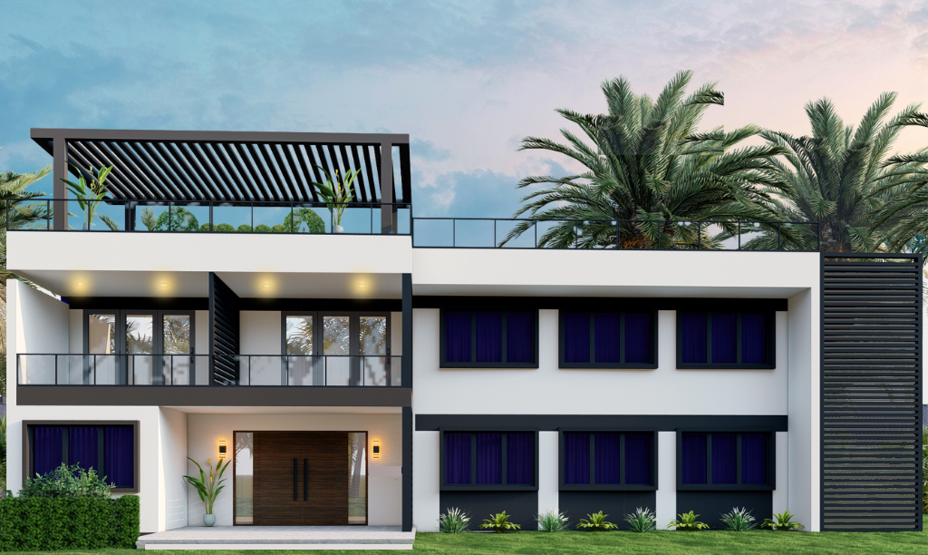 Modern two-story house with white walls and black accents, multiple large windows with dark blue curtains, and a flat roof with a rooftop terrace. Palm trees in the background, greenery in front, and landscaped yard.