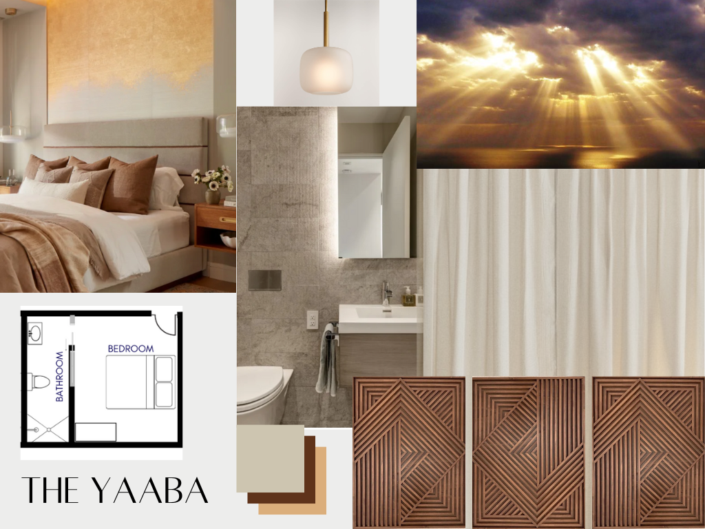 Collage of interior bedroom, bathroom, curtain, sunset sky, and wooden panels with the text "THE YAABA"