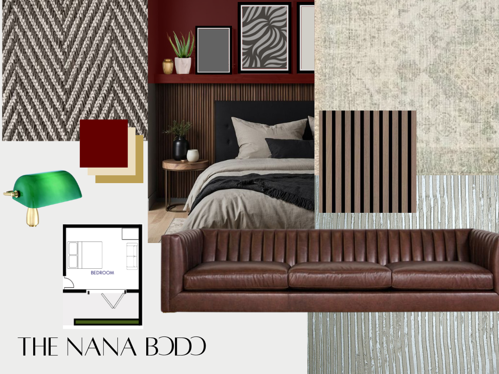 A collage of interior decor including a bedroom with a bed, pillows, and art on the wall, a green desk lamp, a patterned textile, and a leather sofa. There is also a small floor plan of a bedroom and text that reads 'The Nana Bedd'.