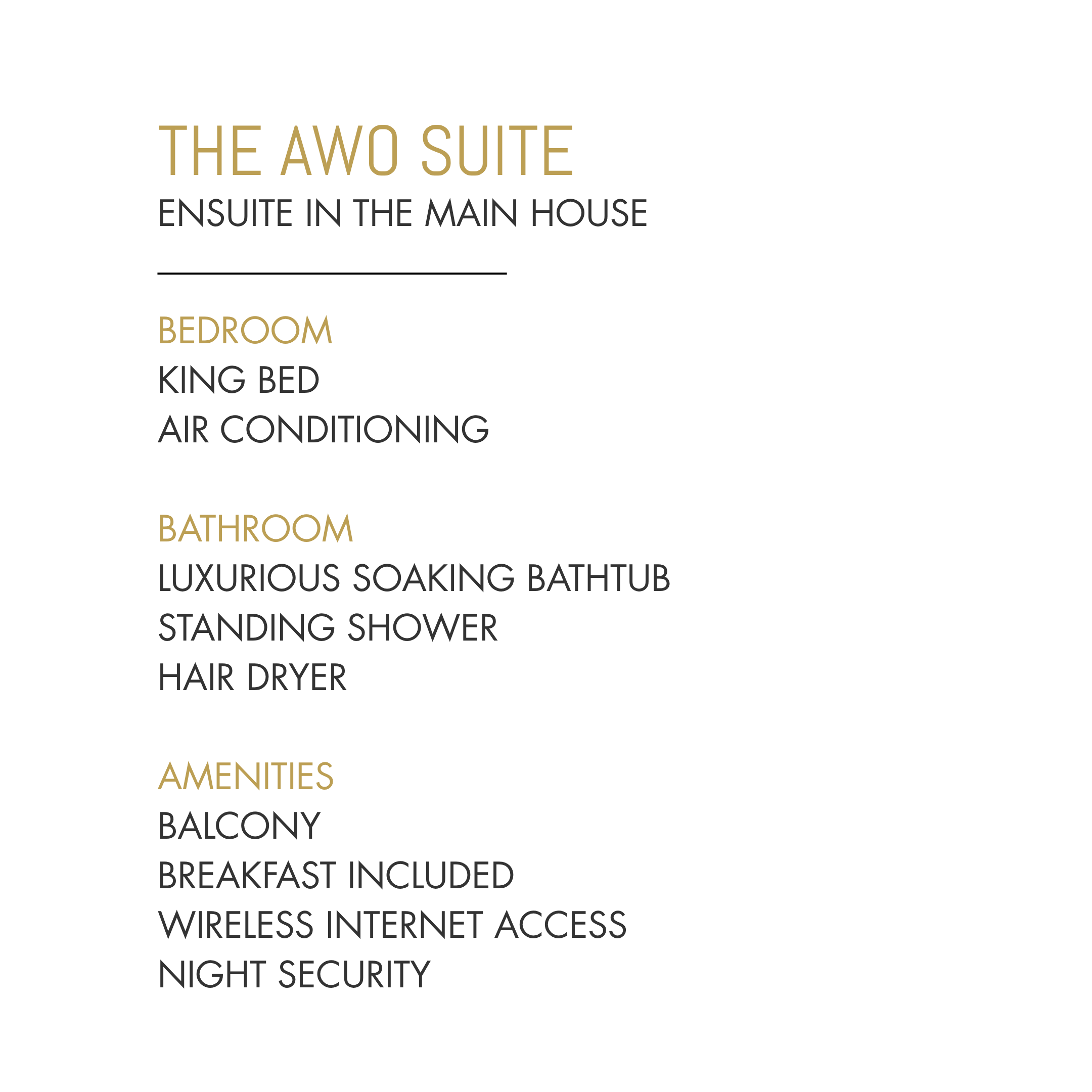 Text-based graphic listing amenities of a residential suite, including bedroom, bathroom, balcony, breakfast, wireless internet, and security features, on a black background with gold and gray text.