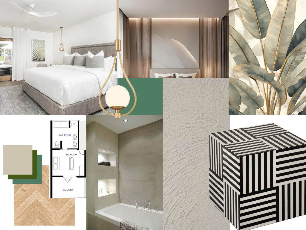 Collage of modern interior design elements, including a bedroom with white bedding, a living room with ambient lighting, tropical leaf wallpaper, a floor plan, a bathroom with a bathtub, textured wall samples, a patterned black and white cube, and ar