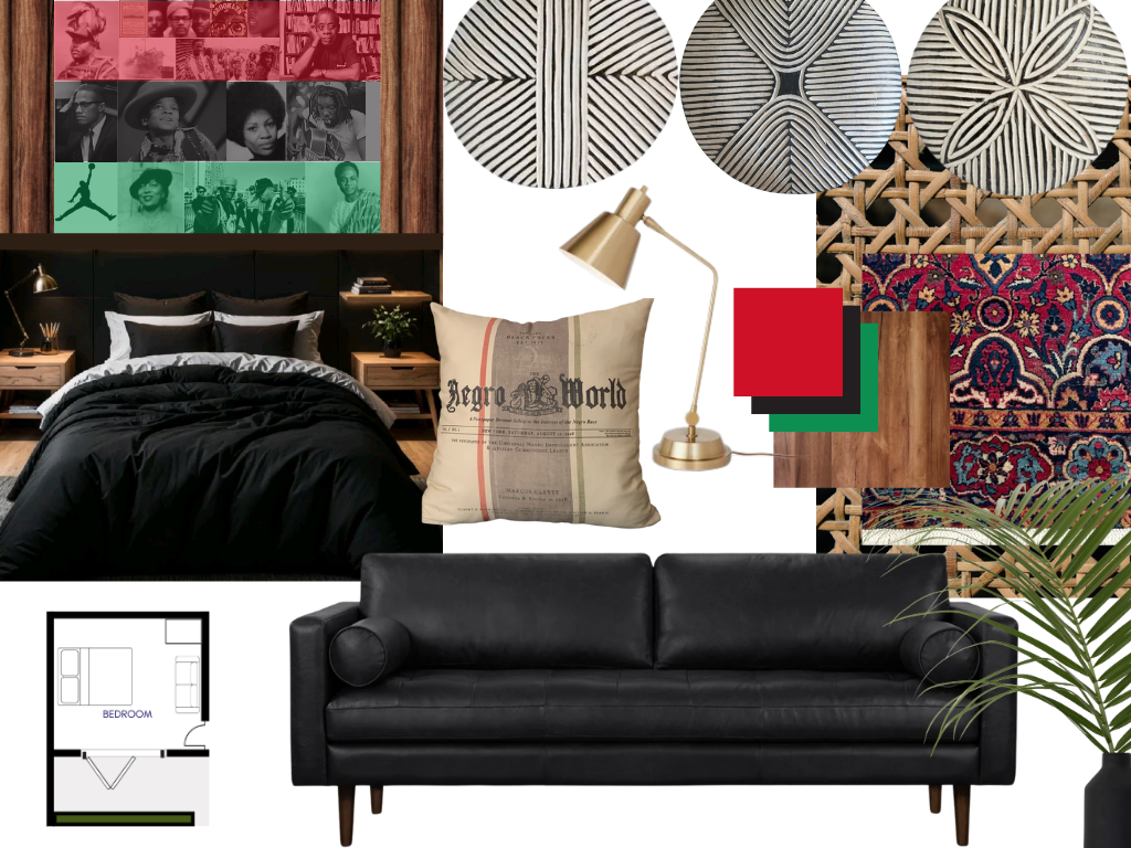 A collage of interior decor with a bed, black leather sofa, decorative pillows, various wall art including framed photos, wall tapestries, and hanging plates, along with a floor plan of a bedroom.