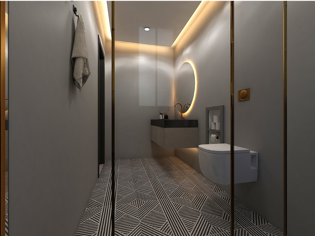 Modern bathroom with gray walls, patterned tile floor, floating vanity with round mirror, illuminated with soft back lighting, and a wall-mounted toilet.