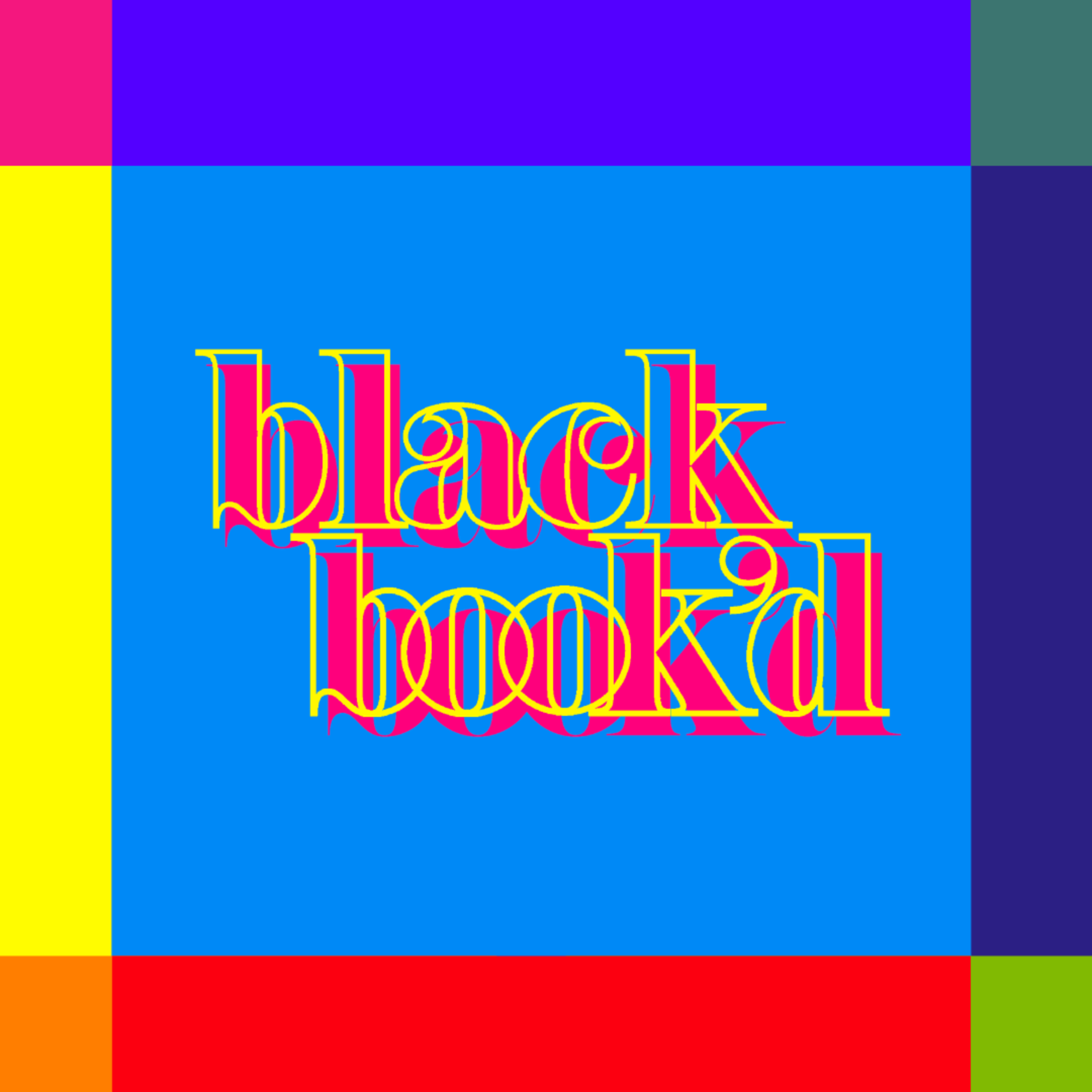 Colorful digital artwork with the words 'black hooked' in yellow and pink outlined text, set against a vibrant abstract background with blocks of blue, green, purple, red, orange, pink, and navy colors.