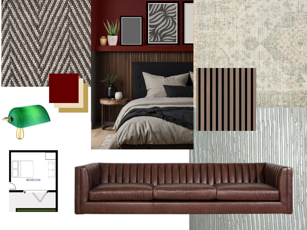 Collage of interior design elements including a bedroom with dark wood headboard, beige bedding, and decorative framed art, patterned wallpaper, various upholstery fabric samples with textured and striped designs, a vintage green desk lamp, and a bro