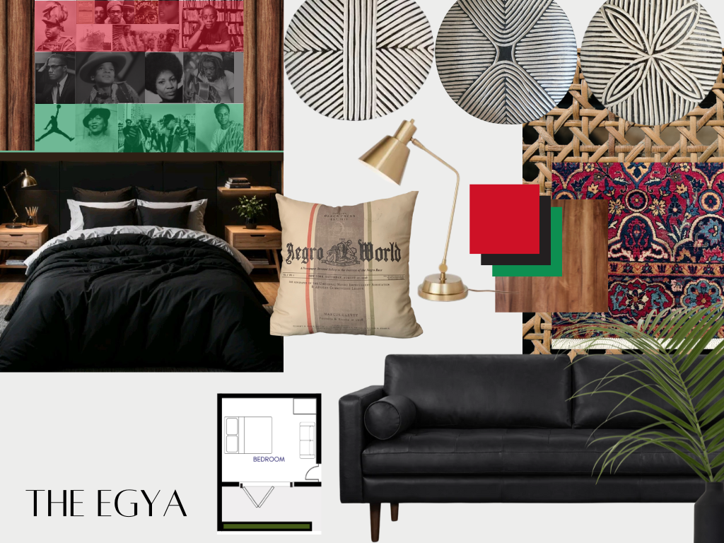 A collage of interior decor items including a bedroom with black bedding, a sofa, patterned pillows, wall art with geometric designs, a floor plan of a bedroom, and various textures and patterns.
