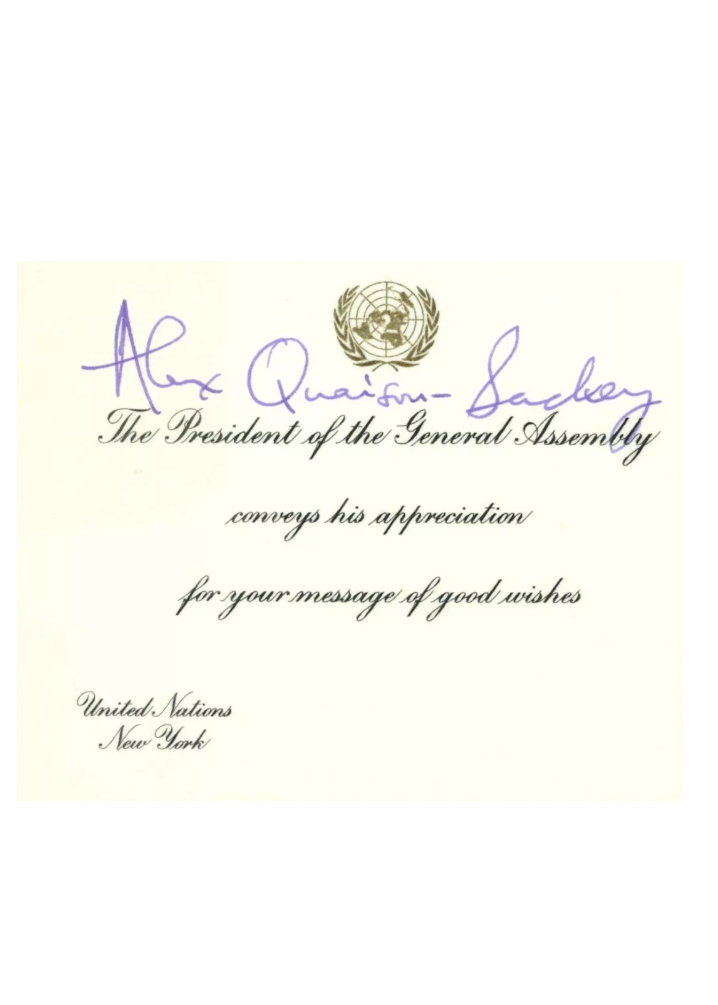 Certificate featuring the United Nations emblem, with a handwritten signature at the top, recognizing Alex Quaison-Sackey for conveying appreciation for a message of good wishes.