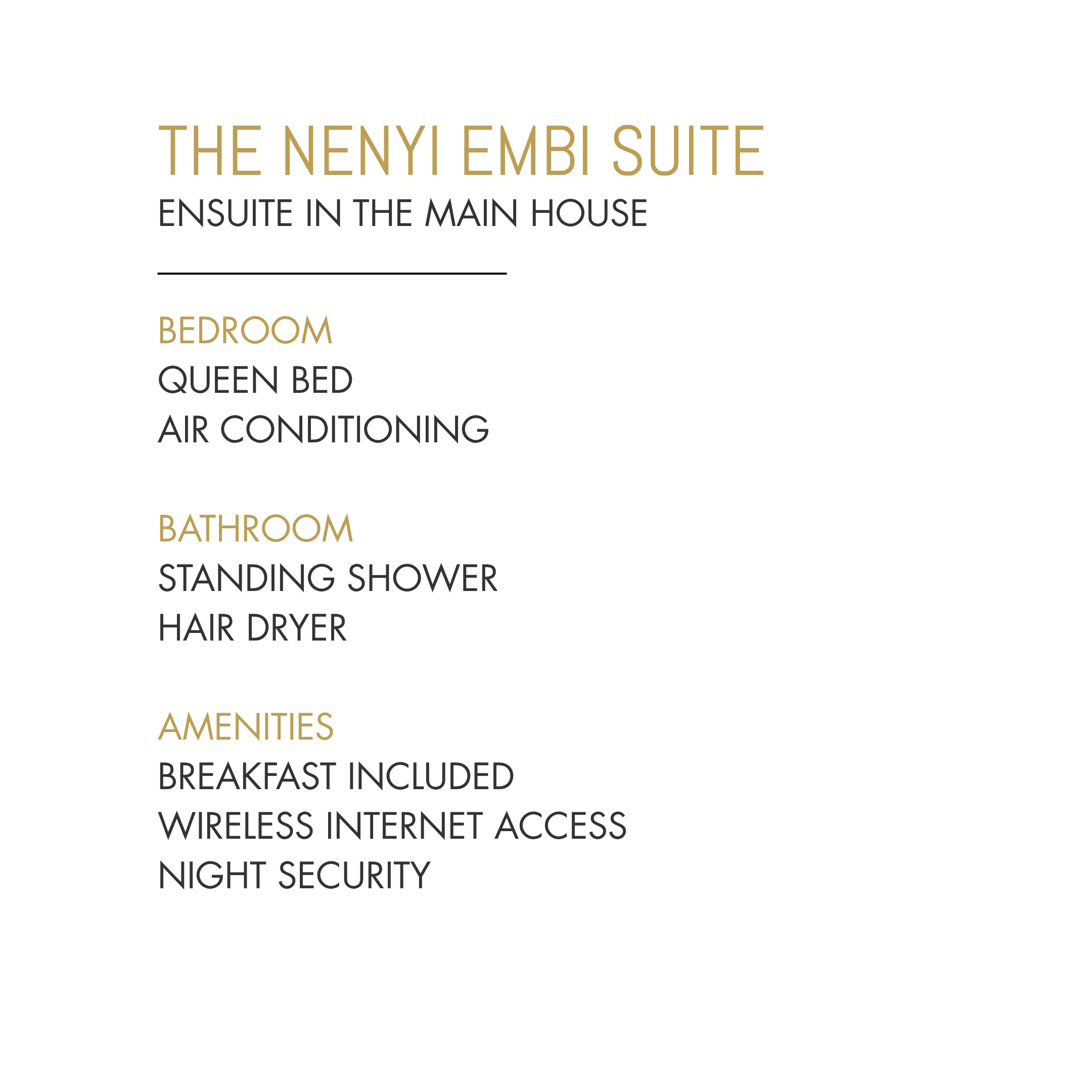 Sign with hotel amenities such as ensuite in main house, bedroom with queen bed and air conditioning, bathroom, standing shower, hair dryer, wifi, security, and night security.