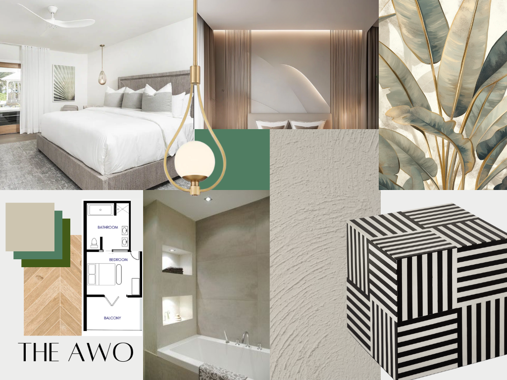 Collage of bedroom, bathroom, modern decor, wallpaper, and interior design elements.