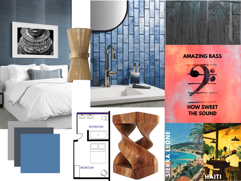 A collage of interior and exterior scenes, including a bedroom with white bedding and wall art, a kitchen with blue tiled backsplash and sink, a poster with musical notes and text, a tropical outdoor setting, and a house floor plan.