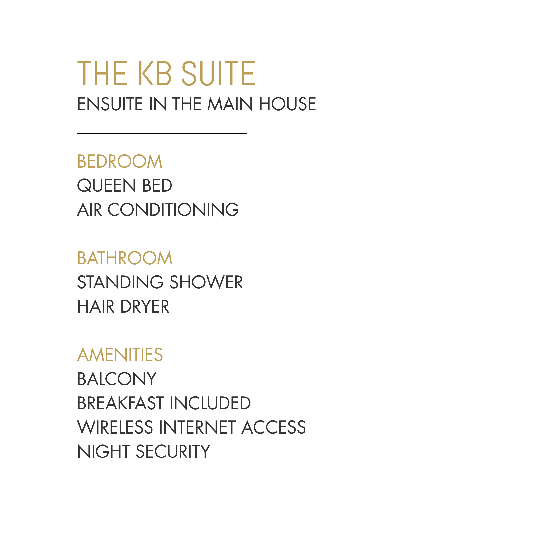 A directory of rooms and amenities in a building, listing the KB Suite, bedroom with Queen bed, bathroom, amenities like balcony, breakfast, wireless internet, night security, and accessibility features.