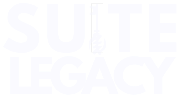 Text art with the words 'SUITE LEGACY' in large, bold, white letters on a black background, featuring a stylized adinkra key in the middle.