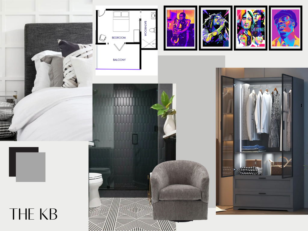 Collage of interior design elements including a bedroom with a bed and pillows, framed artwork on a wall, a floor plan of a bedroom with a balcony, a bathroom with black tiled shower, a voluminous gray armchair, an open closet with clothes and accessories, and a houseplant.