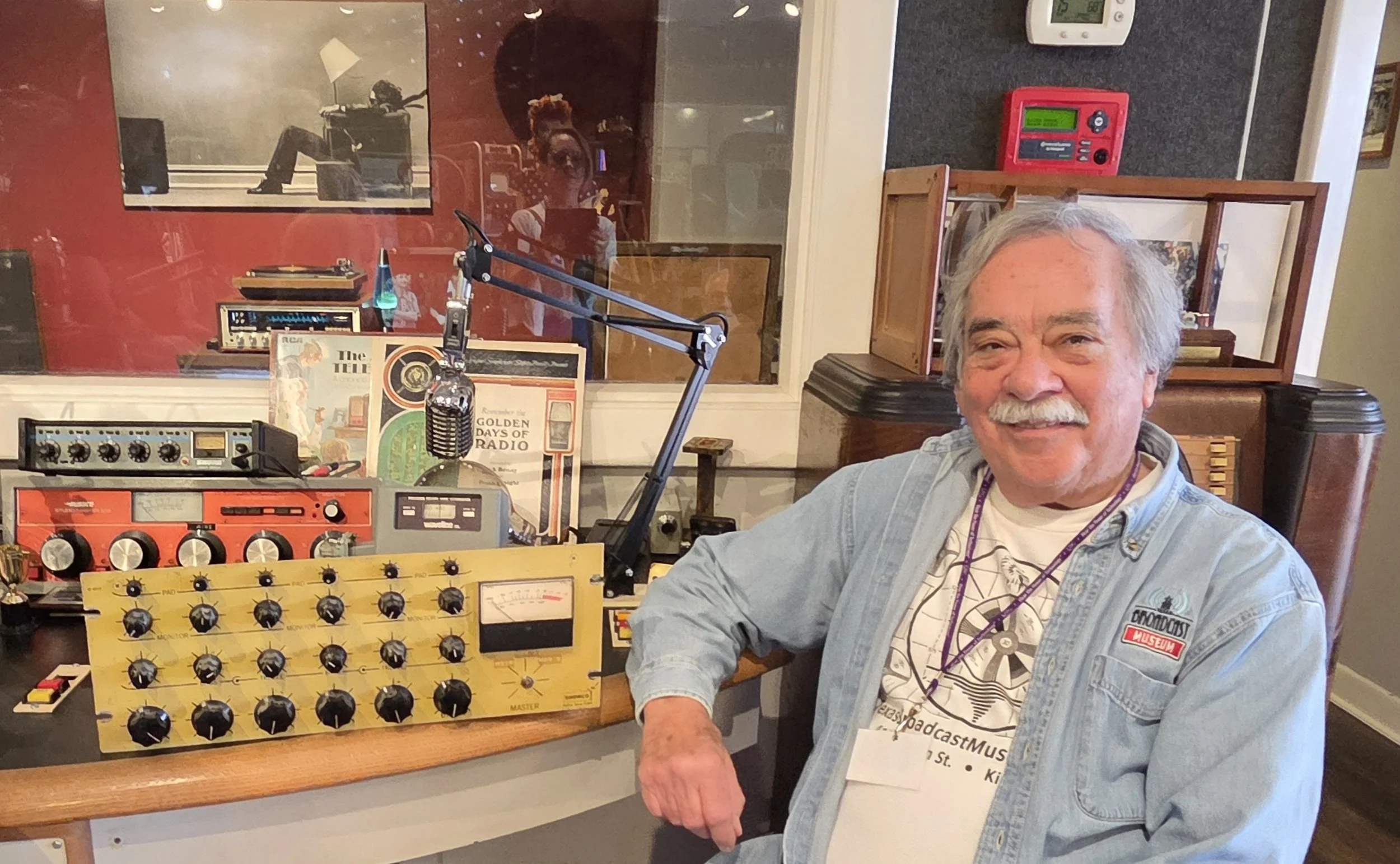 A piece of Showco history arrives in Kilgore. Showco Archives donated this original 1977 Showco Yellow Mixer to the Texas Broadcast Museum for preservation and public display. Pictured with Chuck Conrad