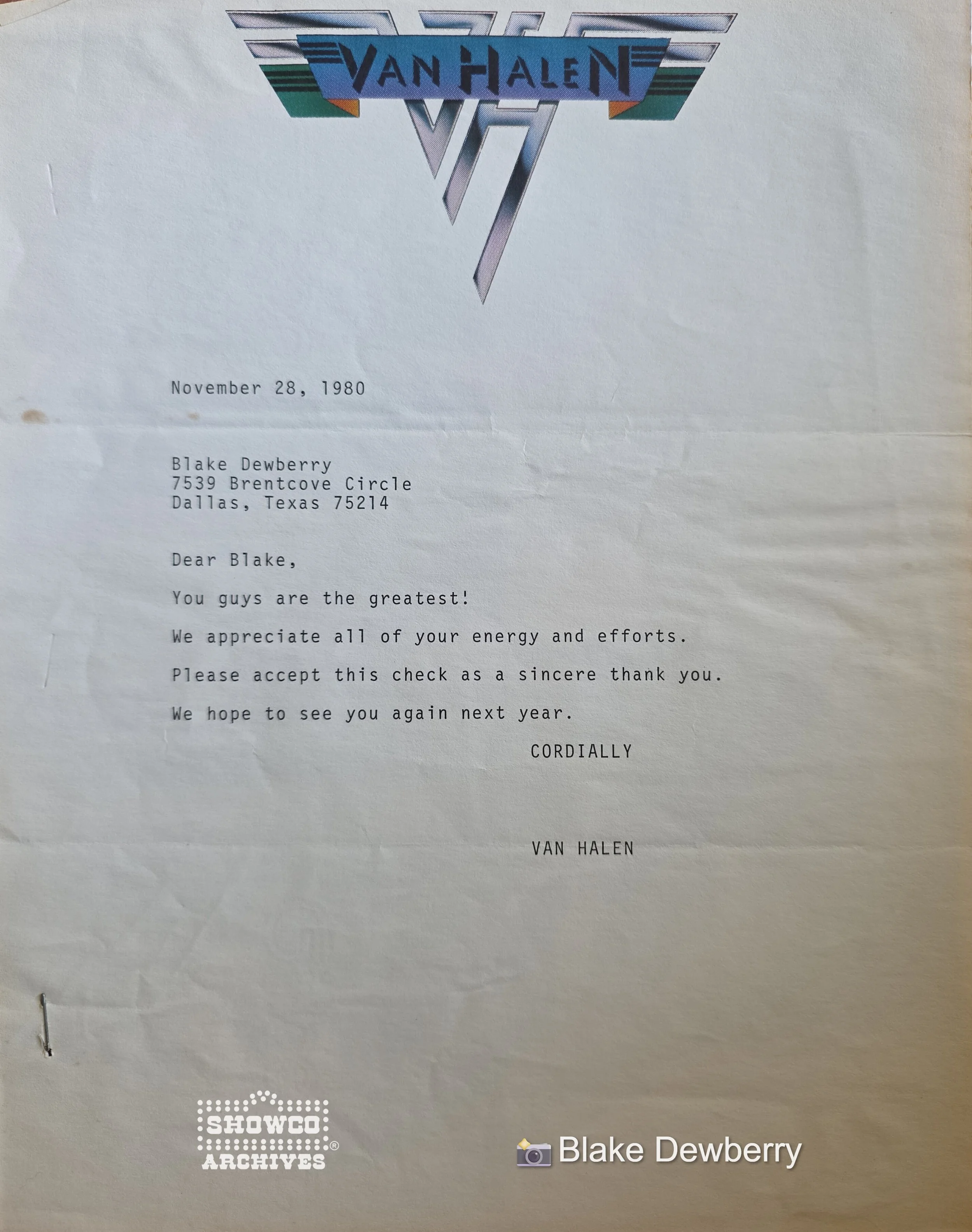 Letter to Blake from Van Halen 1980