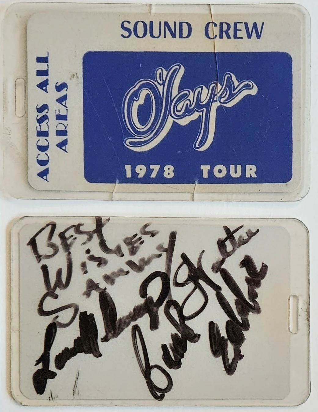 1978 O'Jays Sound Crew laminate with autographs on back - courtesy of Mike 'Funk' Ponczek