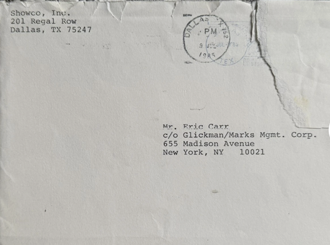 1985 Birthday Card to Eric Carr from Showco