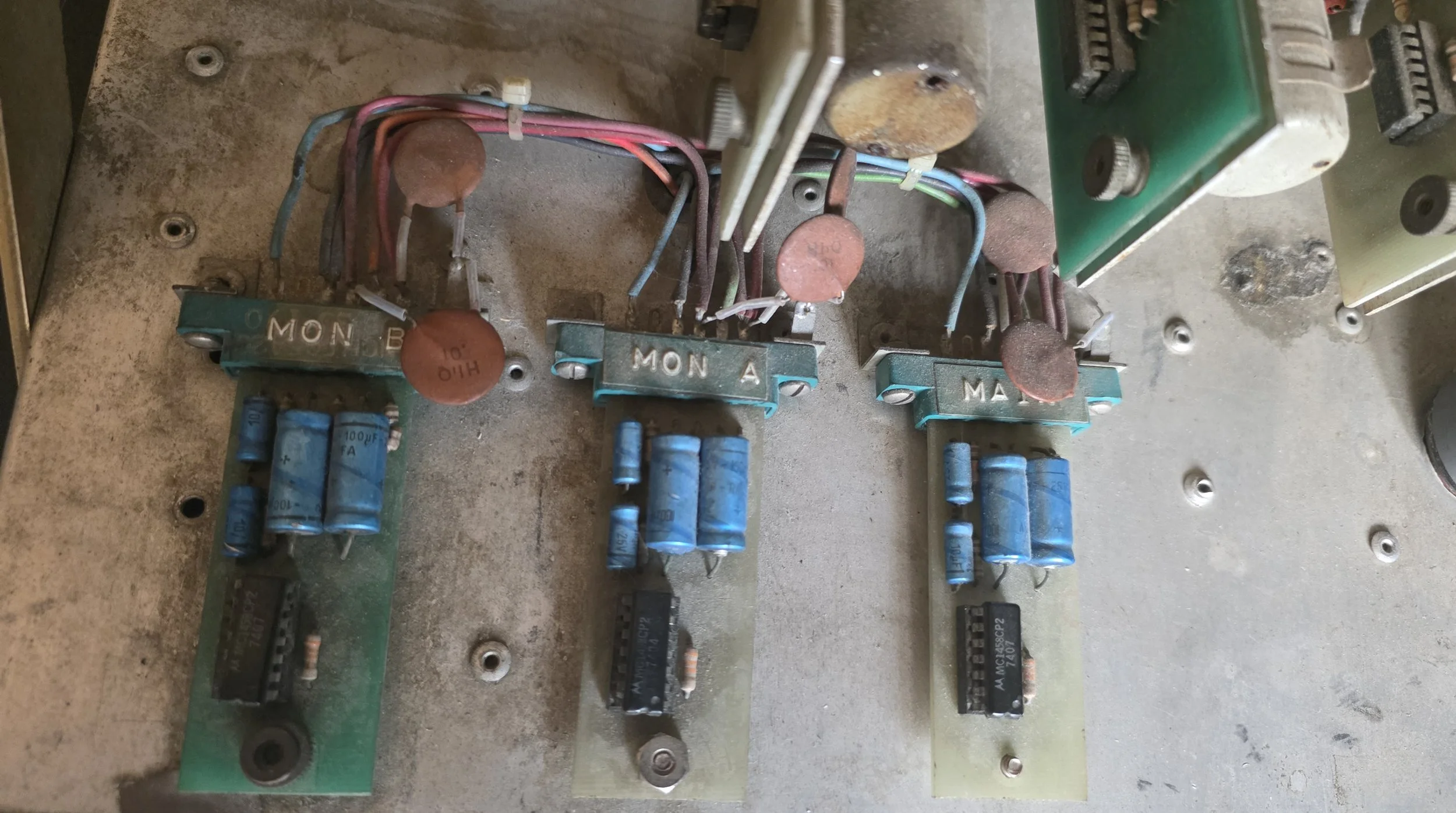 Detail of the power supply and wiring inside the donated 1977 Showco yellow mixer.