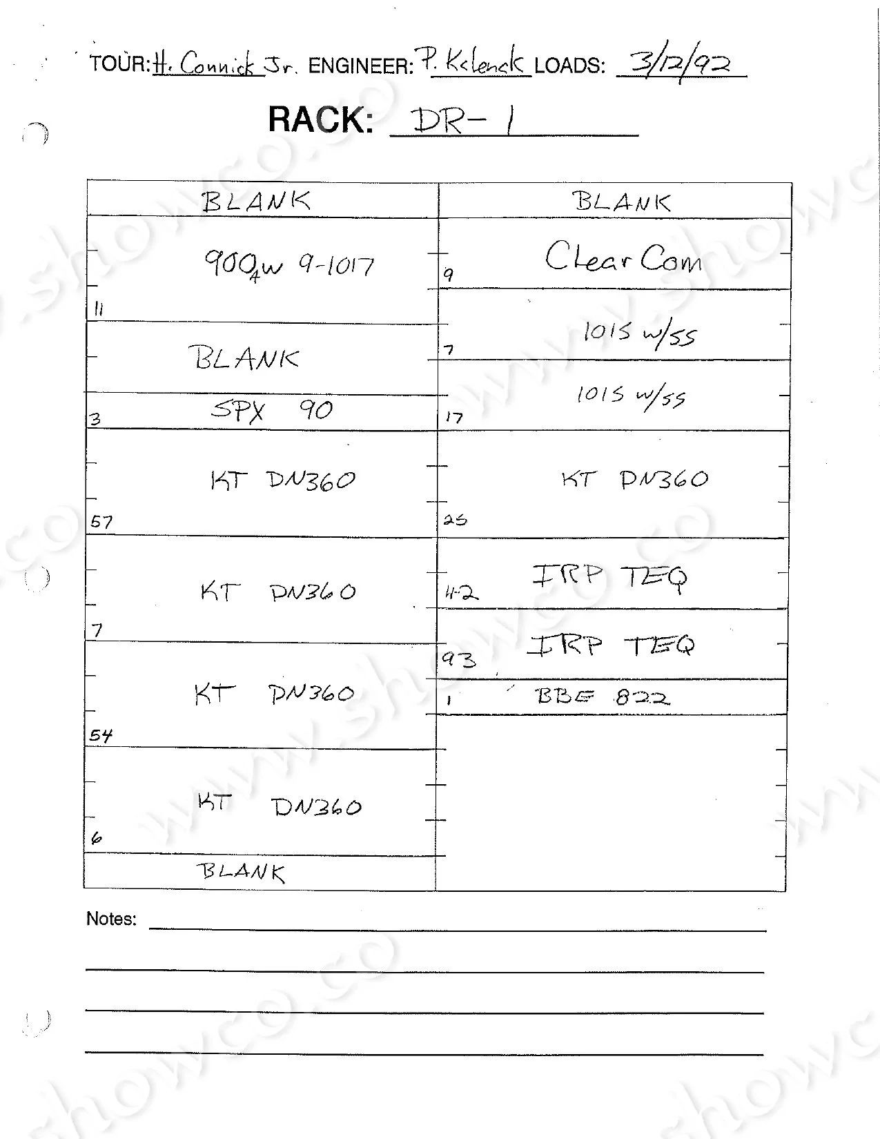 Harry Connick Jr. 1992 equipment rack chart with labeled rack positions.