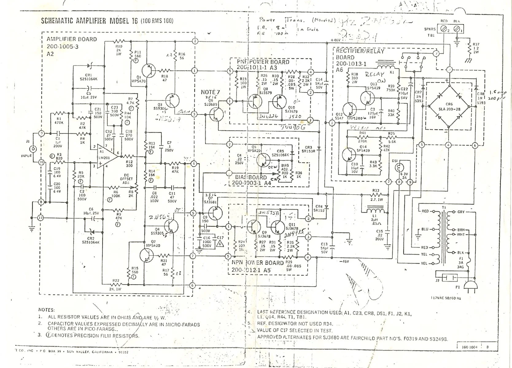 A detailed schematic diagram of a Model 16 amplifier showing various electronic components, connections, and circuit sections such as the amplifier board, power board, and rectifier/relay board.