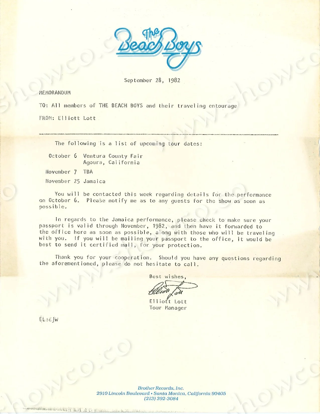 BEACH BOYS MEMO 9.28.1982- courtesy Gary Kudrna