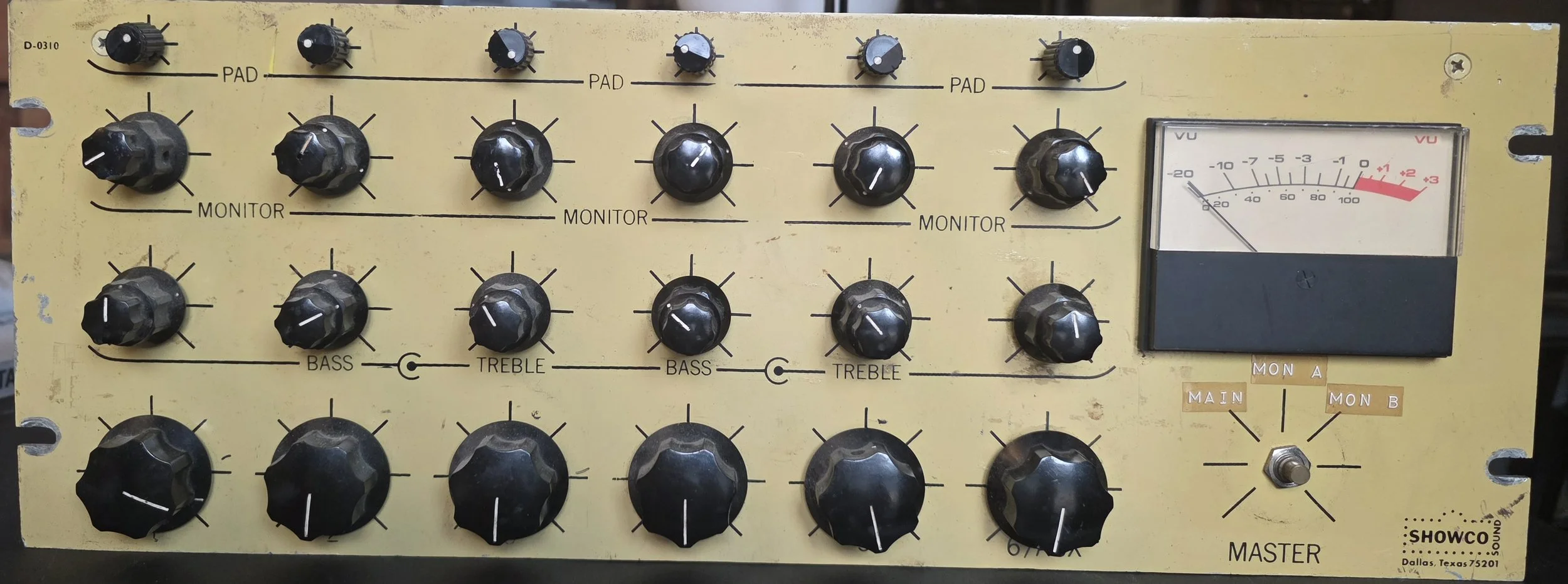 Channel controls on the donated 1977 Showco yellow mixer.