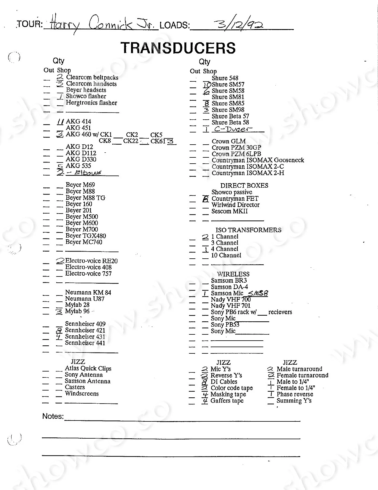 Harry Connick Jr. 1992 tour equipment checklist, page 11.