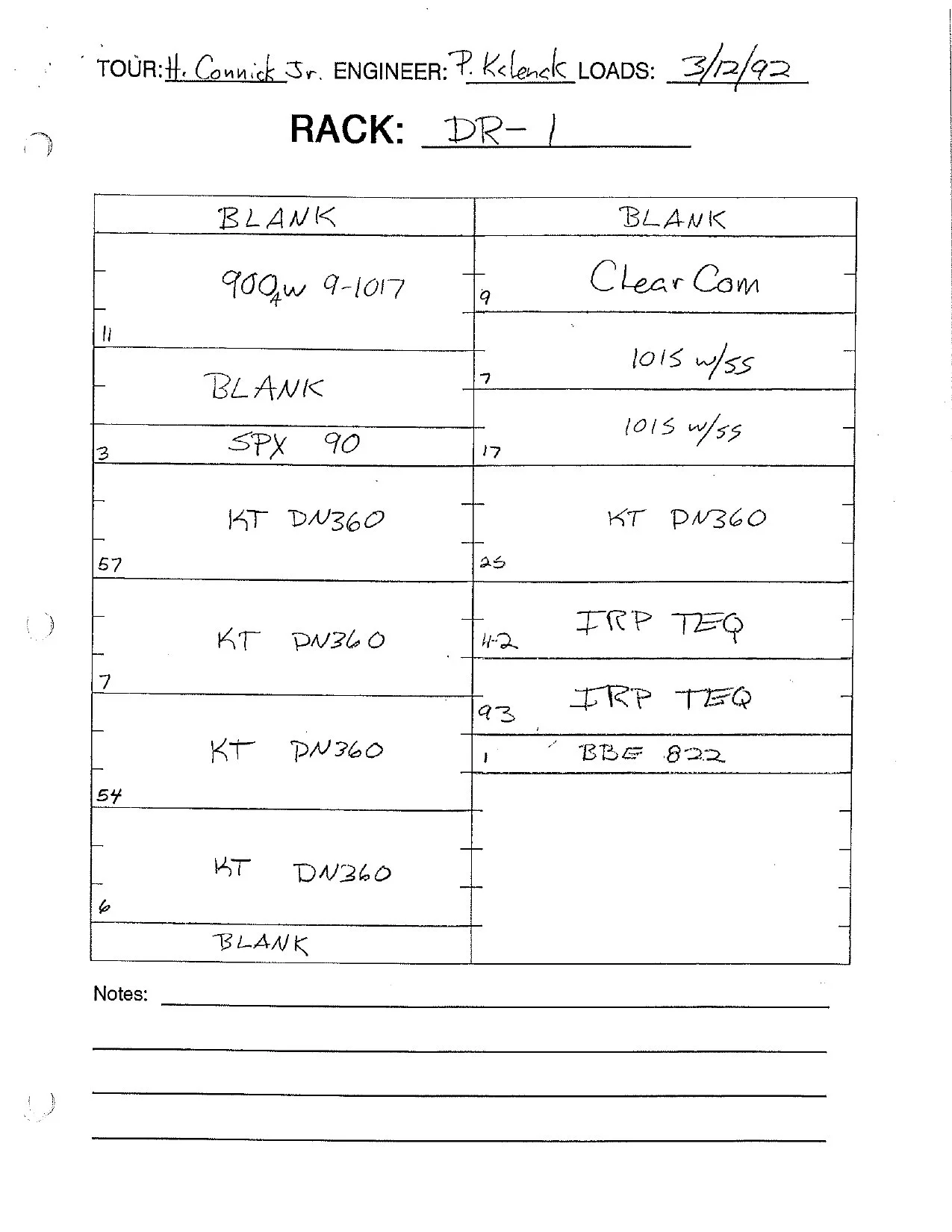 Harry Connick Jr. 1992 tour-system rack chart with labeled equipment slots.