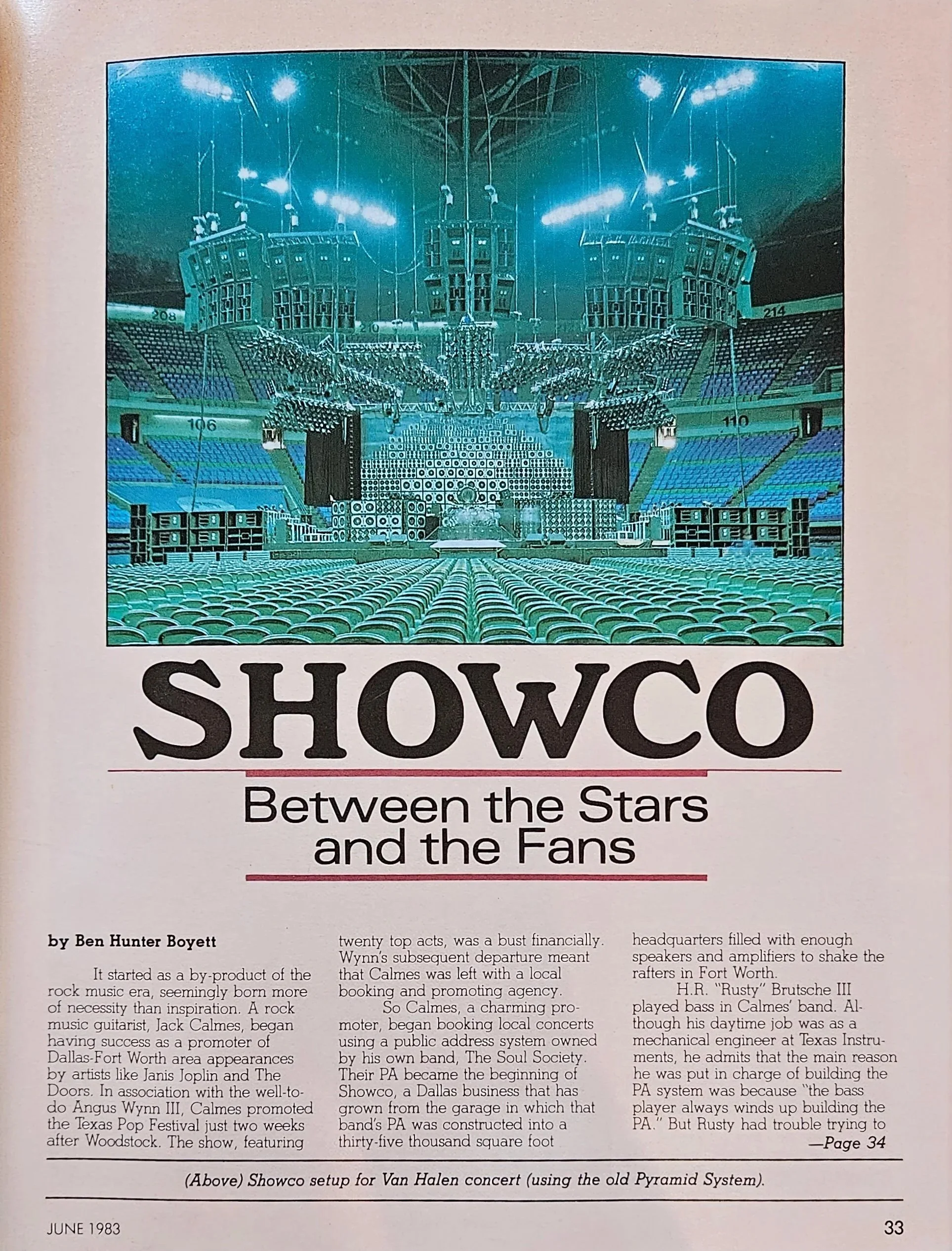 Showco Between the Stars & the Fans article June 1983 - PIctured Van Halen Showco Pyramid System