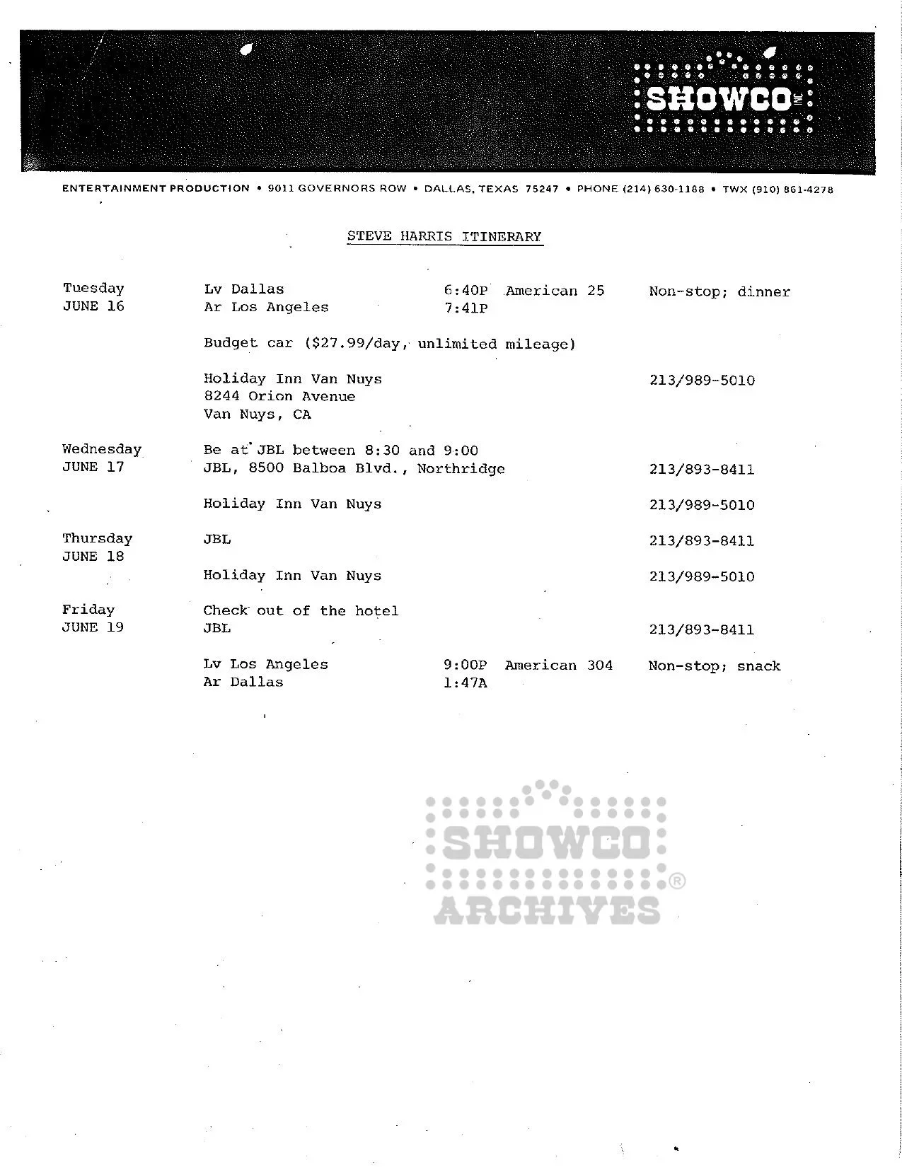 Steve Harris 1981 June Itinerary