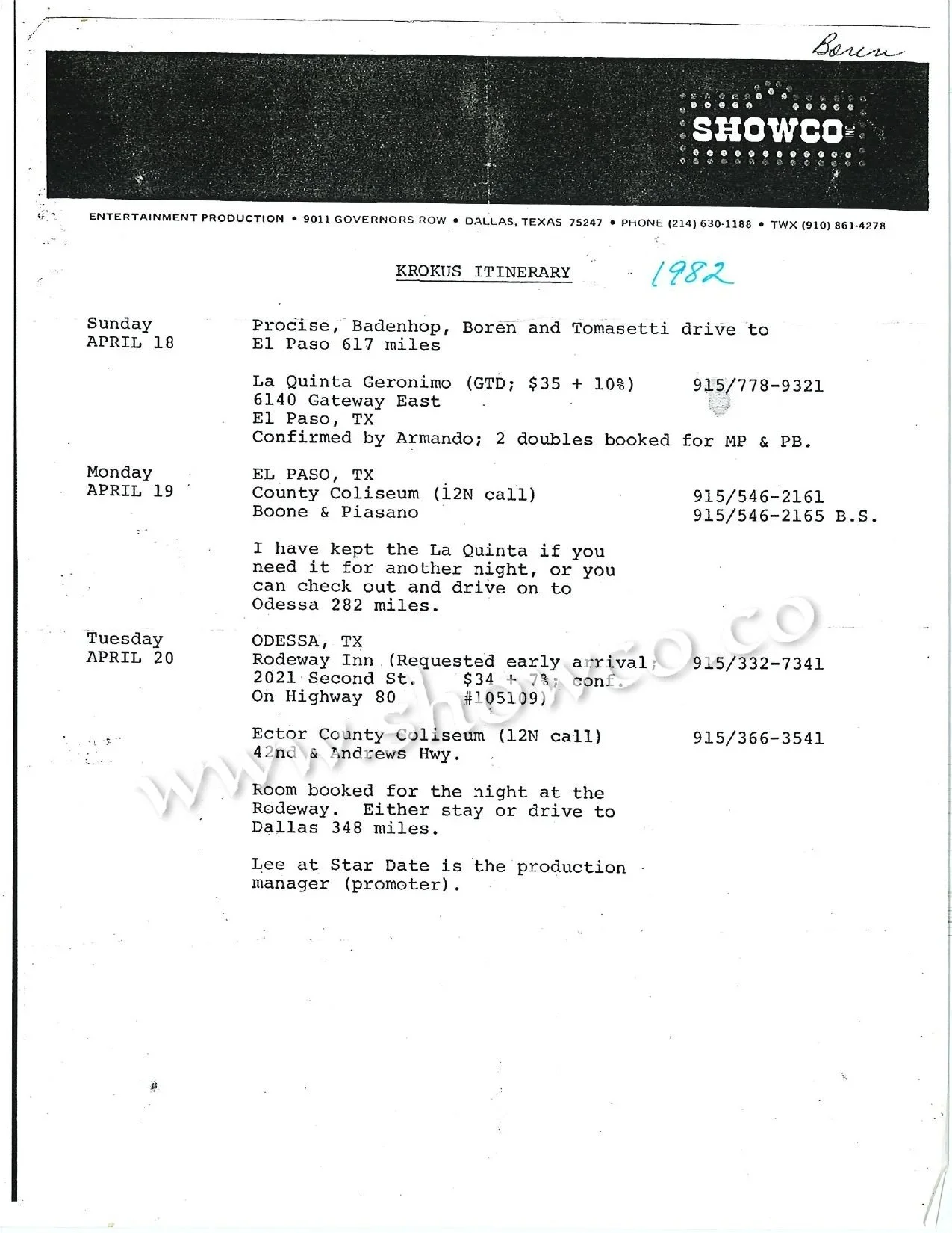 1982 April Krokus Itinerary