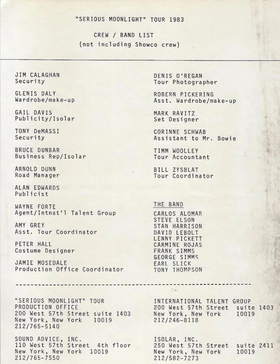 1983 Serious Moonlight Tour Crew list (non-Showco)