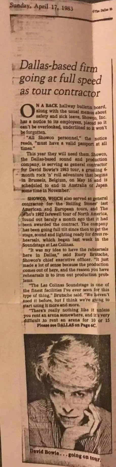 April 17, 1983 Dallas Morning News Bowie Showco Article
