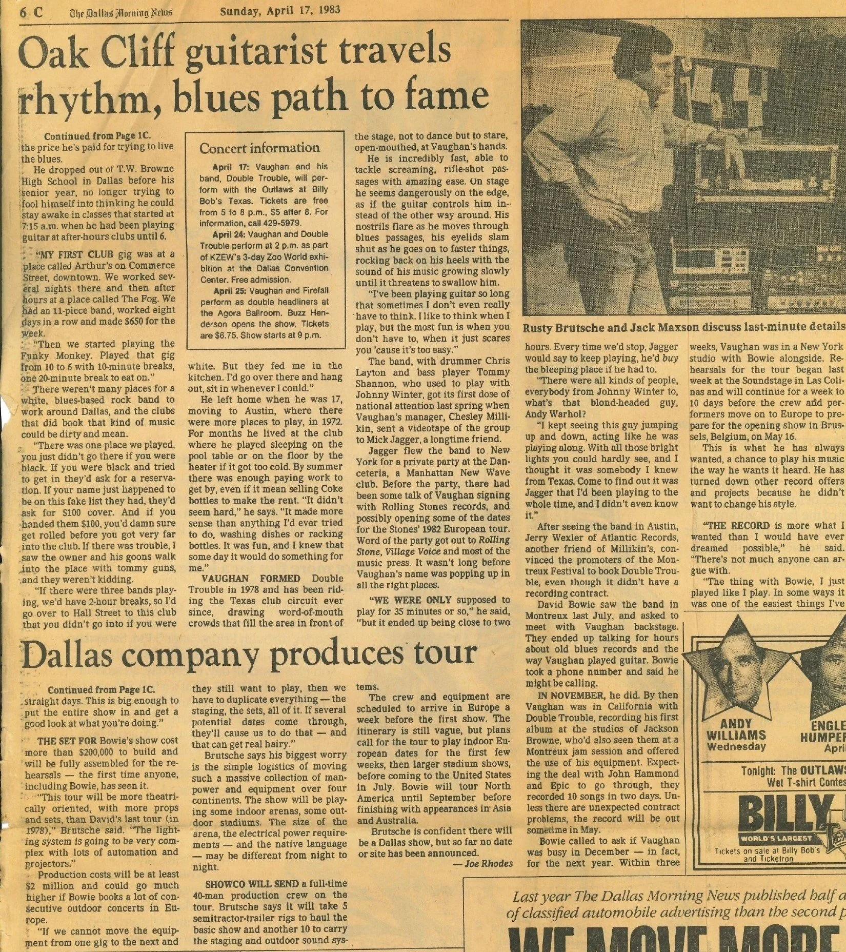 April 17, 1983 DMN David Bowie SRV Article - Rusty Brutsche, Jack Maxson