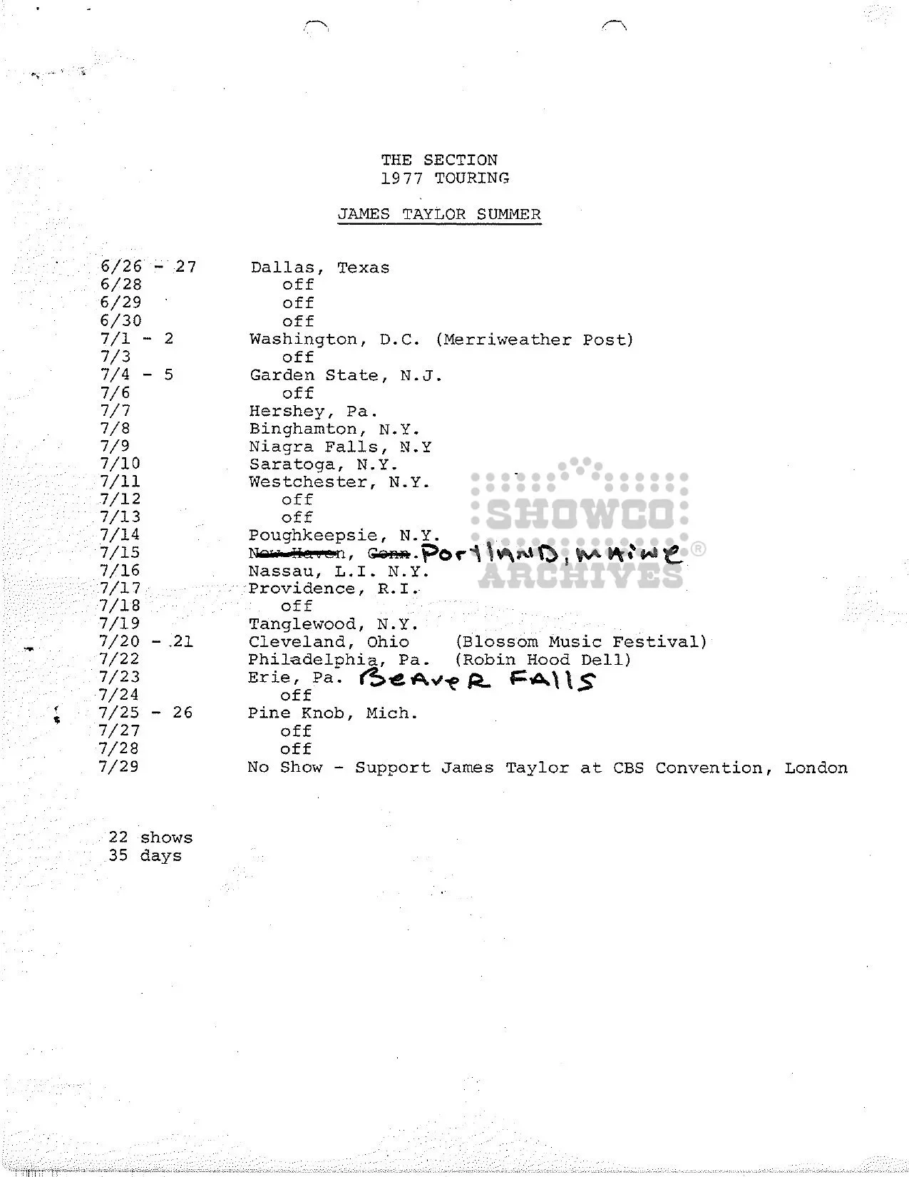 The Section Touring '77 James Taylor Summer 6/26-7/29/1977 - courtesy of Doc Gans