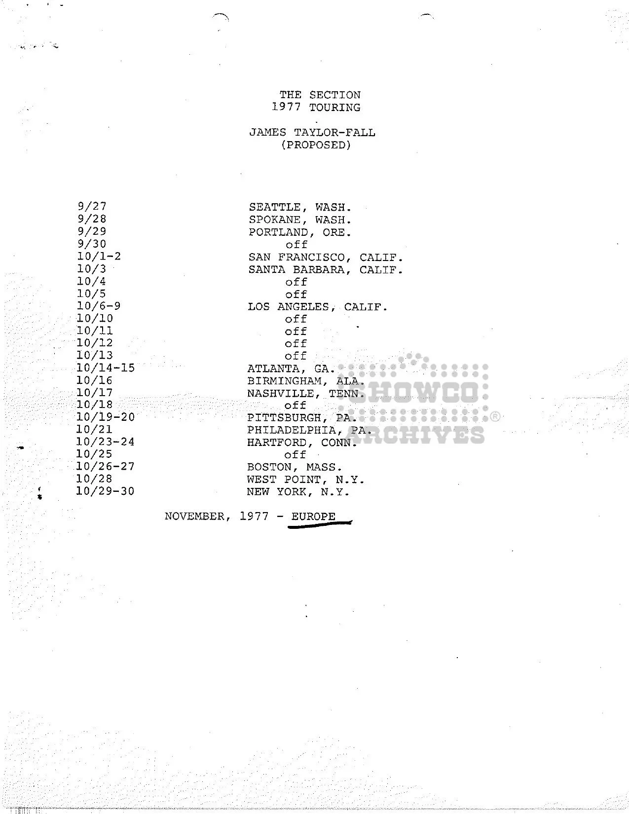 The Section 1977 Touring James Taylor Proposed Fall Tour - courtesy of Doc Gans