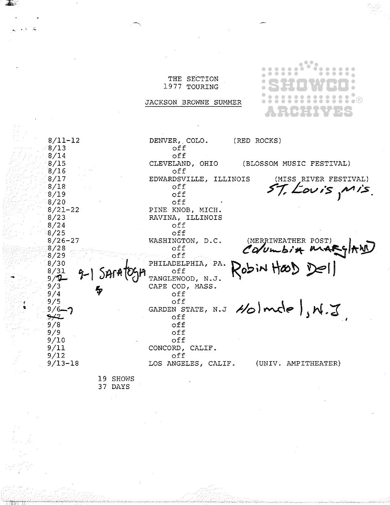 Jackson Browne Running On Empty Tour Itinerary - The Section Touring '77 - 8/11-9/13-18/1977