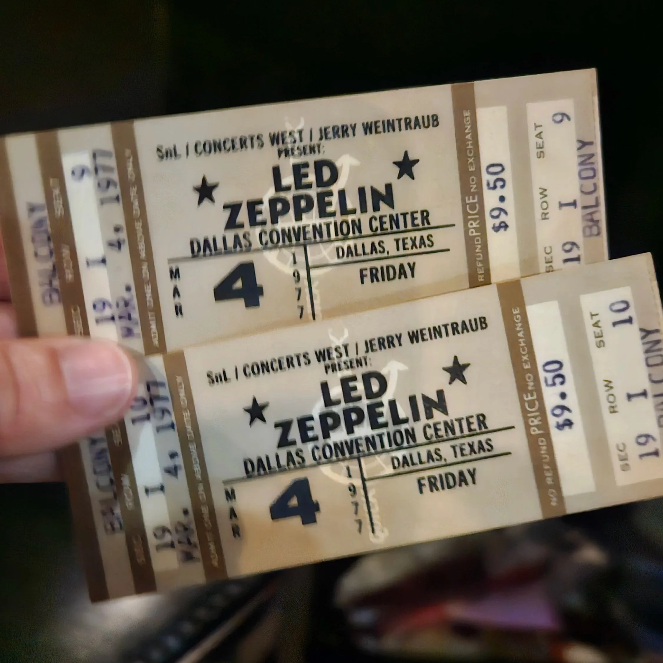 Original Led Zeppelin ticket stubs March 4, 1977 Dallas Convention Center 