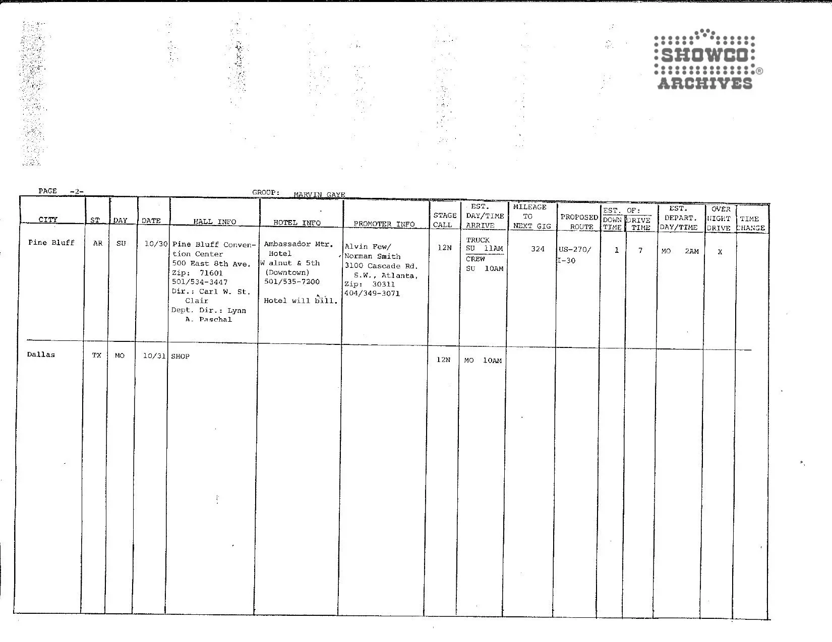 Marvin Gaye 1977 Tour Itinerary P. 2