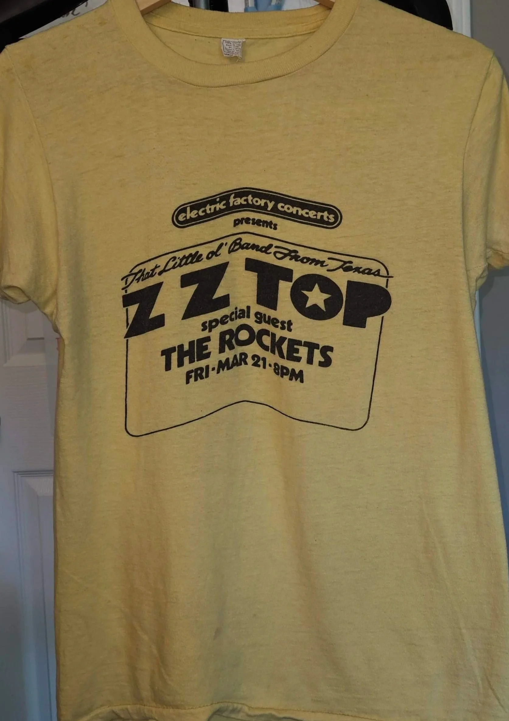 Rare Electric Factory Presents ZZ Top and Rockets Crew Tee - From the personal collection of Johnny "JW" Roberts, legendary SHOWCO crew member. Available in the Swag Shop via image link.