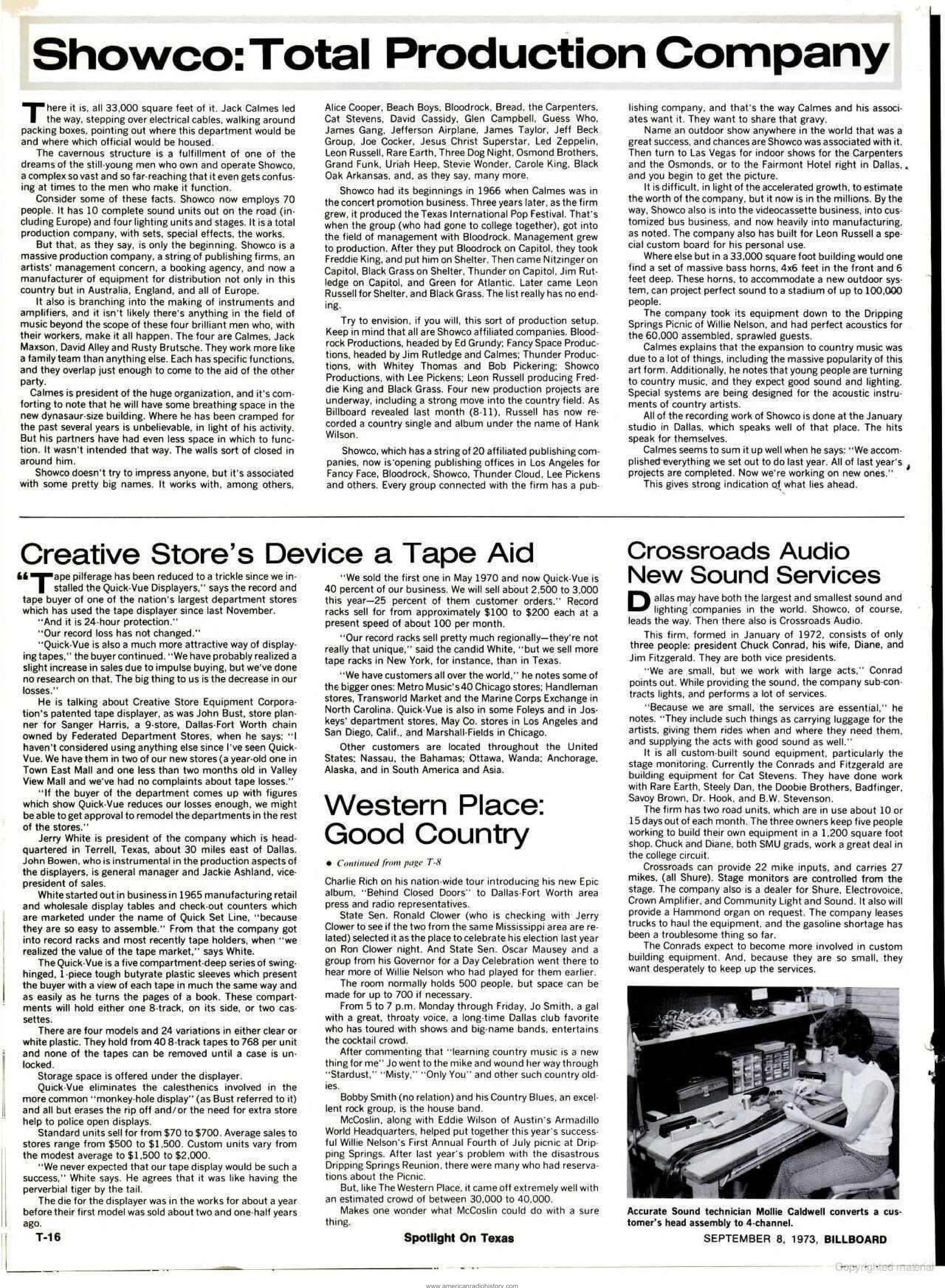 Billboard, September 8, 1973 — “Showco: Total Production Company” documents Showco’s rapid expansion and names Rusty Brutsche alongside Jack Calmes, Jack Maxson and David Alley as the four principals running the company during this period. The featur