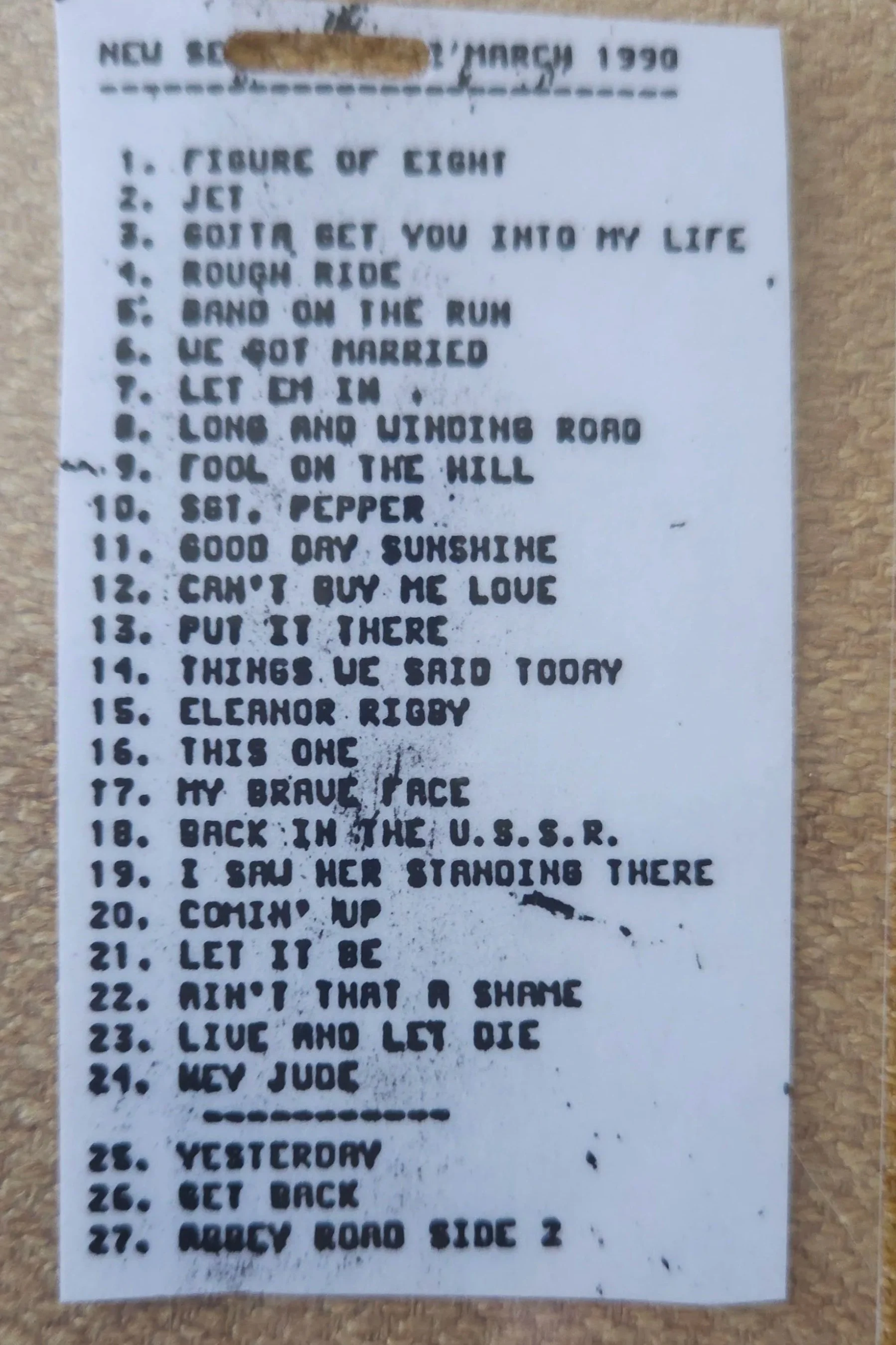 1990 Paul McCartney laminated setlist courtesy of Mike Ponczek