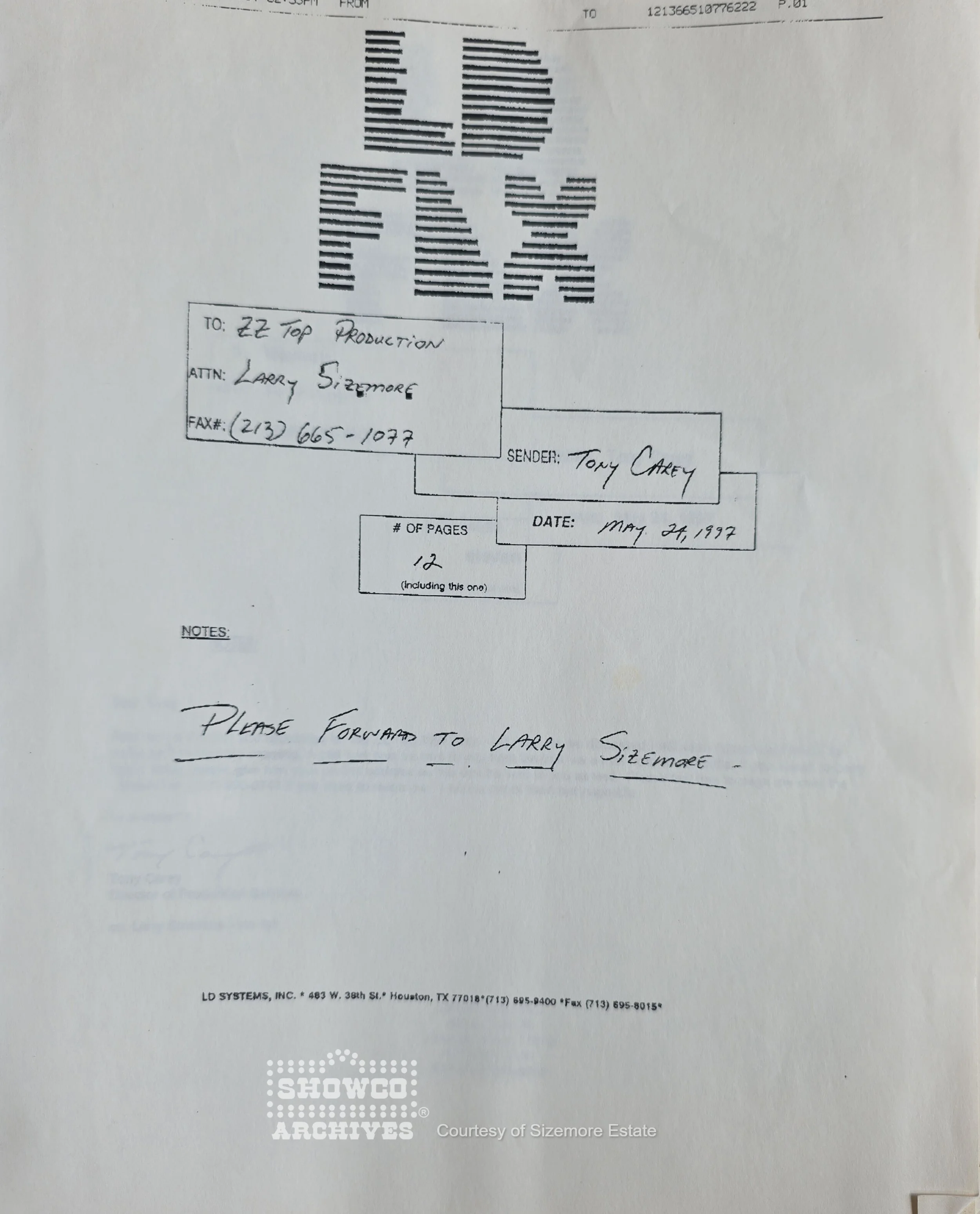 1997 ZZ TOP LIGHTING PLOTS-FAX SIZEMORE