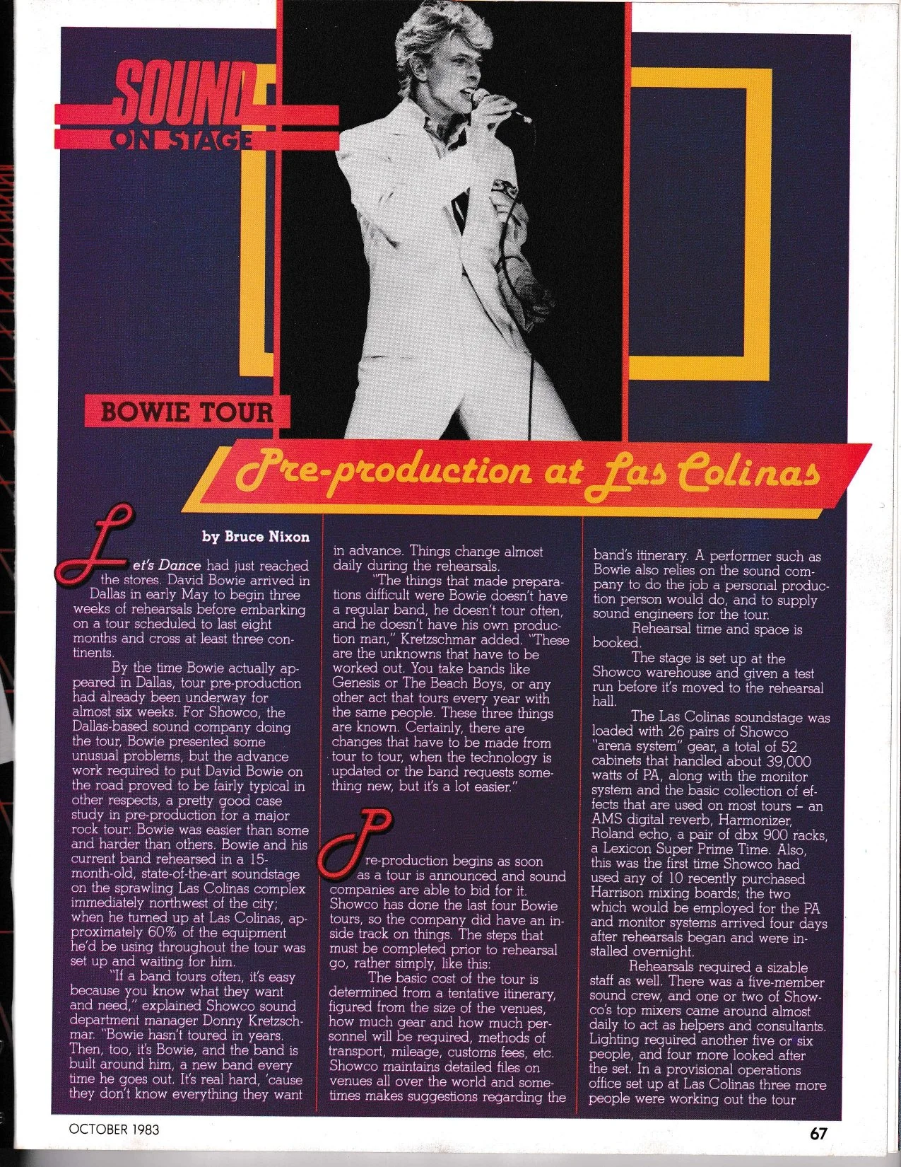 October 1983 Mix magazine article page titled “Bowie Tour: Pre-production at Las Colinas,” documenting David Bowie’s Dallas rehearsals and Showco’s production work.