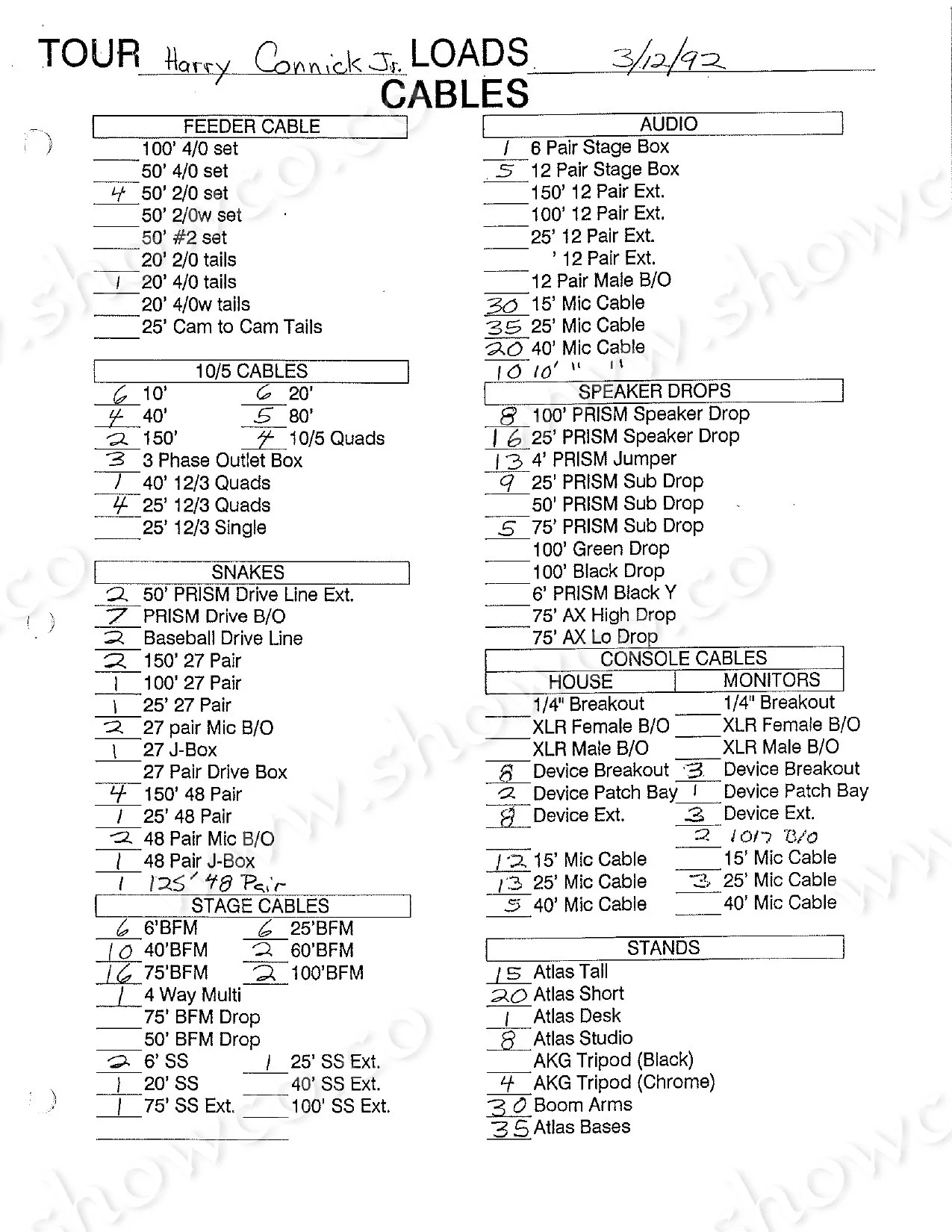 Harry Connick Jr. 1992 tour equipment checklist, page 12.